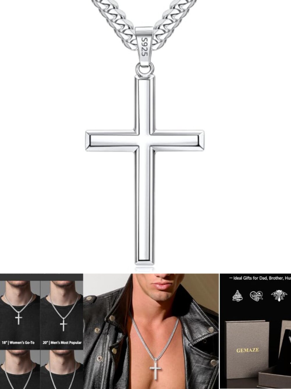 925 Sterling Silver Cross Necklace Men 18K Gold Plated Pendant Cuban Chain